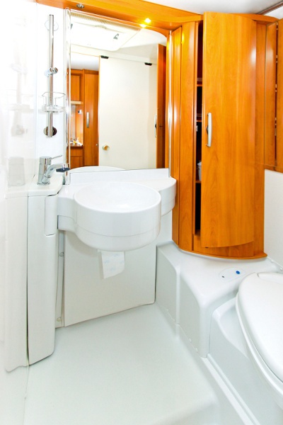 interior of luxury restroom trailer in About Aptera